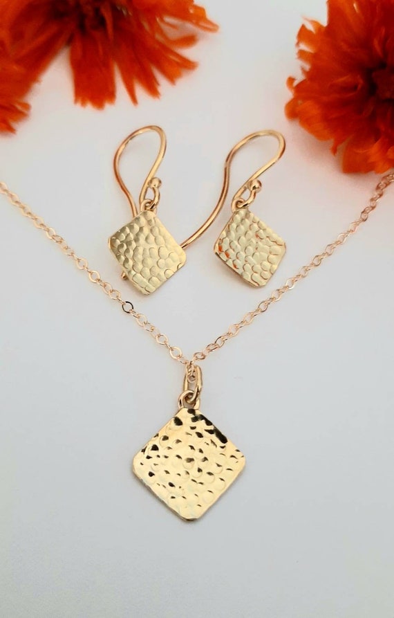 18K Solid Gold Charm and Matching Earrings Set. Textured 18K Gold Tiny Pendant and Dangle Earrings.