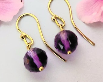 Solid 18K Gold Artisan Earrings With Single 8mm Round Amethyst Bead Dangles.