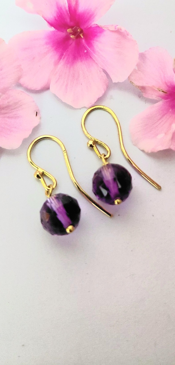 Solid 18K Gold Artisan Earrings With Single 8mm Round Amethyst Bead Dangles.