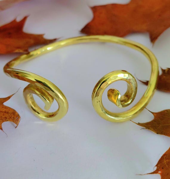Hand Forged Solid 24K Gold Double Spiral Cuff Bracelet For Him Or Her. Heavy Hammered Gold Artisan Made Adjustable Cuff.