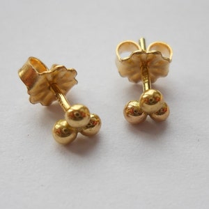 18K Solid Gold &quot;Triple Sphere&quot; Tiny Gold Post Earrings. Minimalist Solid 18k Gold Stud Earrings.