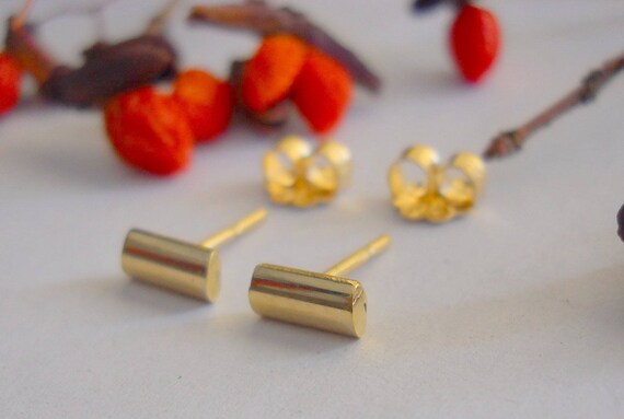 18K Solid Gold Tiny Gold Post Earrings. Solid 18K Gold Half Round Bar Studs for Earlobe or 2nd Hole.