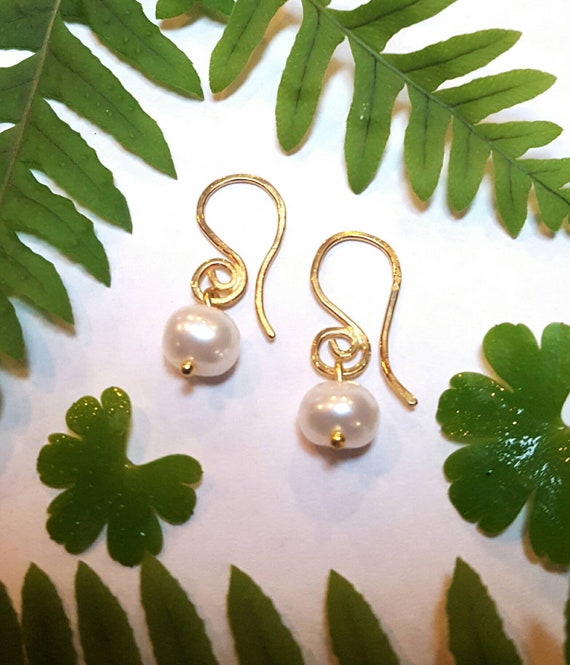 24K Solid Gold Tiny Spiral & Pearl Drop Earrings. Pure Gold Ear Wires With Single Cultured Pearl Dangle.