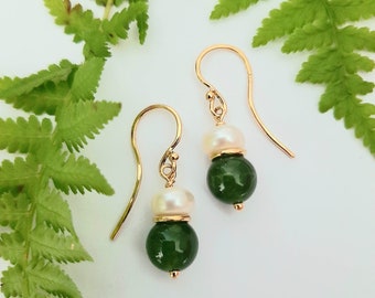 Solid 18K Gold Green Jade Pearl Dangle Earrings – Cassiar Jade, Freshwater Pearls, French Hooks