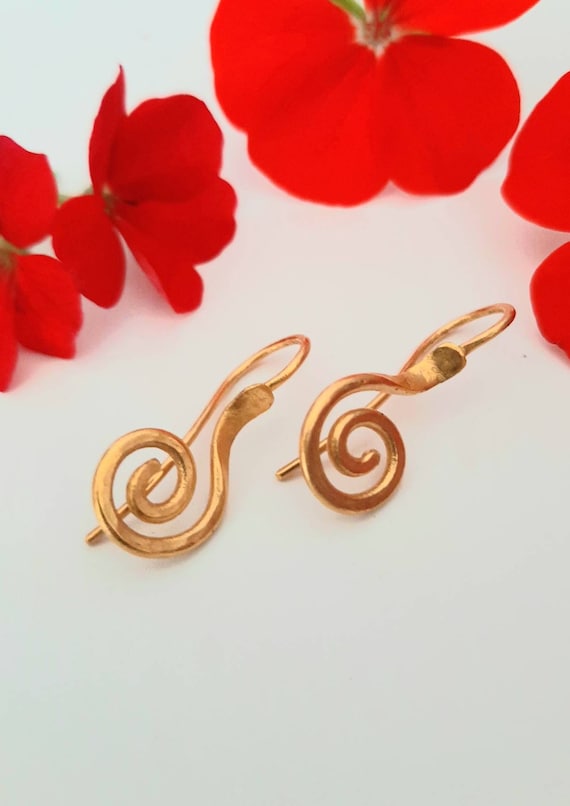 24K Gold Earrings.  Solid 24K Happy Spiral Dangle Earrings With Strong Ear Wires, Natural Matte Finish.