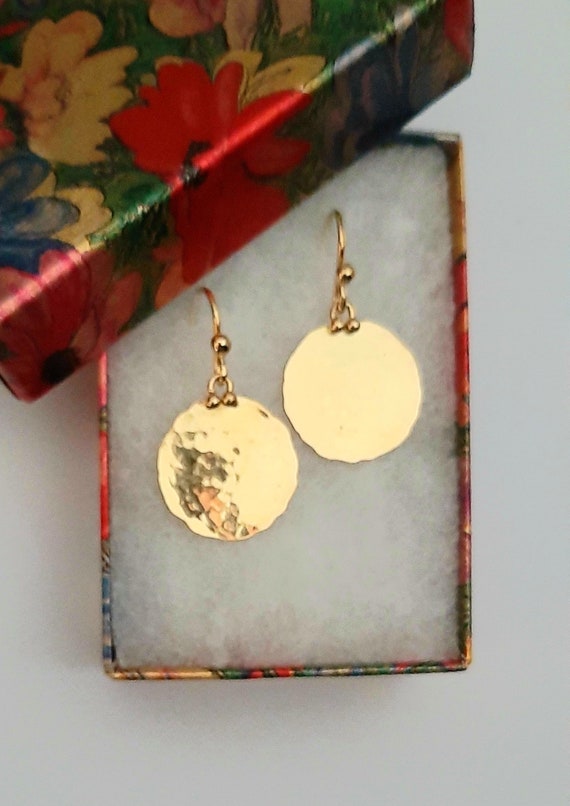 18K Solid Gold Dangle Earrings With Hammered Disk