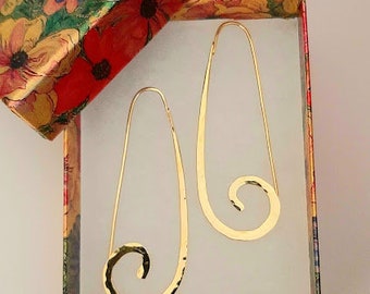 Solid 18K Gold Long Dangle Earrings. Elegant Spiral Hoops Over 2" Long.