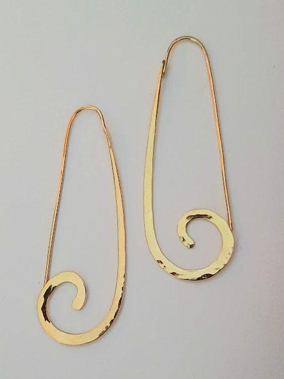 Solid 18K Gold Long Dangle Earrings. Elegant Spiral Hoops Over 2" Long.