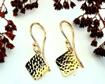 18K Solid Gold Tiny Diamond Dangle Earrings: Textured Gold