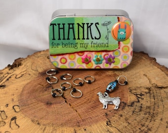 Decoupaged Notions Tin: Beaded Stitch Markers, Knitting Gift
