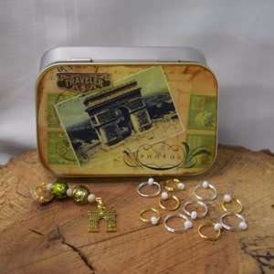 Decoupaged Notions Tin: Beaded Stitch Markers, Knitting Gift