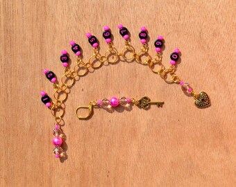 Beaded Knitting Row Counter: 1-100 Long Style Chain with Lever Lock Progress Keeper