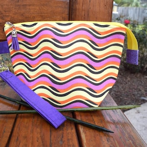 Zippered Knit Notions Bag: Box Bottom, Wristlet Lanyard, Gift for Crafters