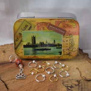Decoupaged Notions Tin: Beaded Stitch Markers, Knitting Gift