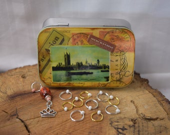Decoupaged Notions Tin: Beaded Stitch Markers, Knitting Gift