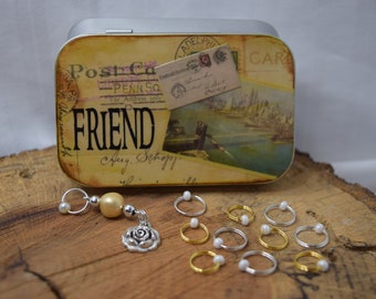 Decoupaged Notions Tin: Beaded Stitch Markers, Knitting Gift