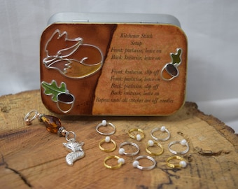 Fox Decoupage Notions Tin: Beaded Stitch Markers, Knitting Gift