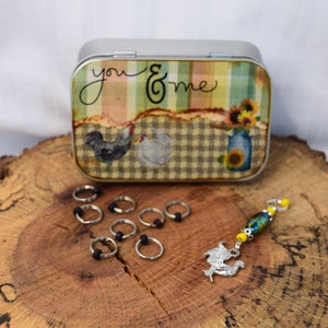 Decoupaged Notions Tin: Beaded Stitch Marker Set, Knitting Gift