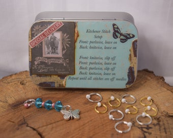 Decoupaged Notions Tin: Beaded Stitch & BOR Markers, Knitting Gift