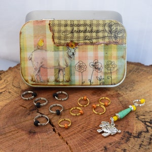 Decoupaged Notions Tin: Beaded Stitch Markers, Knitting Gift