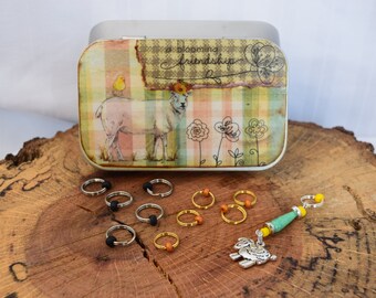 Decoupaged Notions Tin: Beaded Stitch Markers, Knitting Gift