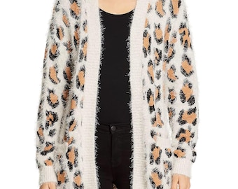 A + A Collection Open Front Fuzzy Leopard Print Long Women’s Cardigan size L