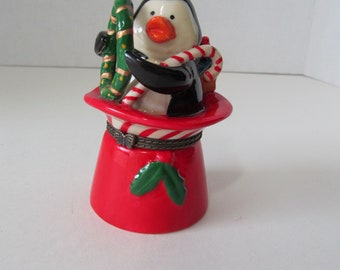 Vintage Christmas Penguin Sitting in Red Hat Trinket Box