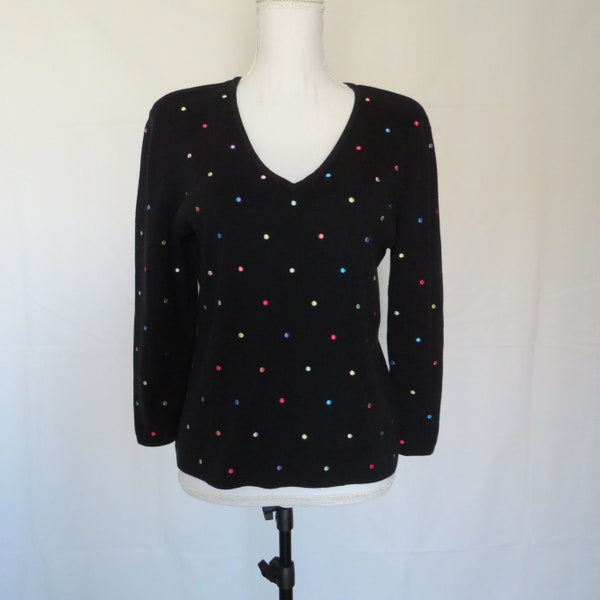 Mercer & Madison Women’s 3/4 Long Sleeves Black Multicolored Dot Sweater L