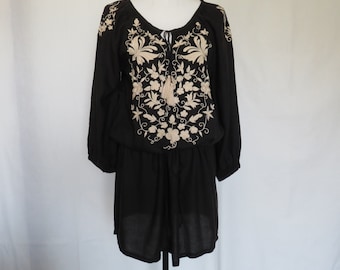 Lucky Brand Dress Embroidered Floral Pattern Bohemian Tassel  Black Tunic Dress M