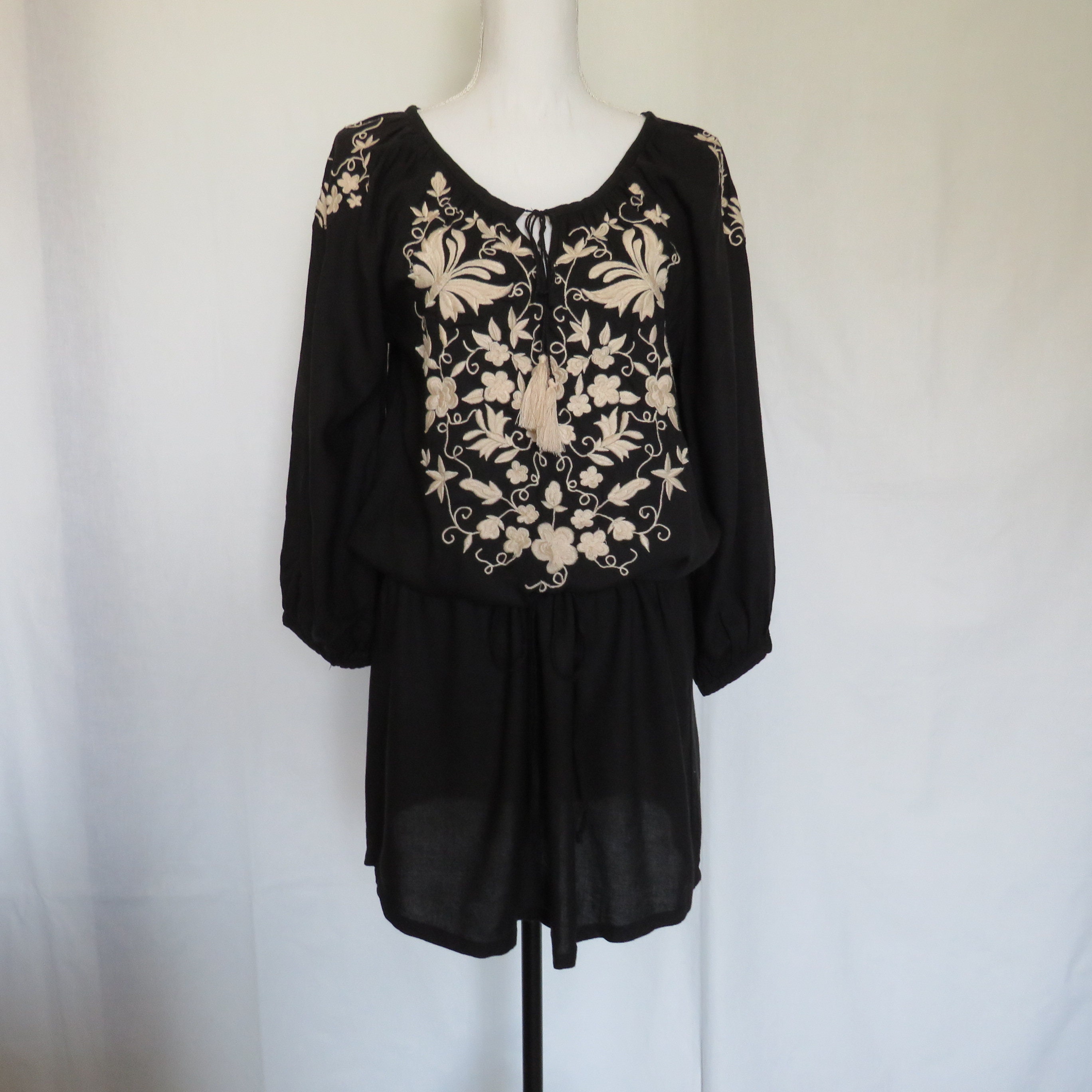 Lucky Brand Dress Embroidered Floral Pattern Bohemian Tassel Black Tunic  Dress M