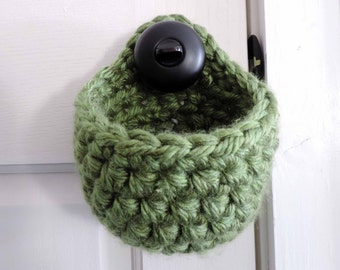 Hanging Basket for Door Knobs, Rustic Home Decor Closet Storage Pouch, Small Crochet Basket, Thick, Handwoven | Jungle | Yarn Basket