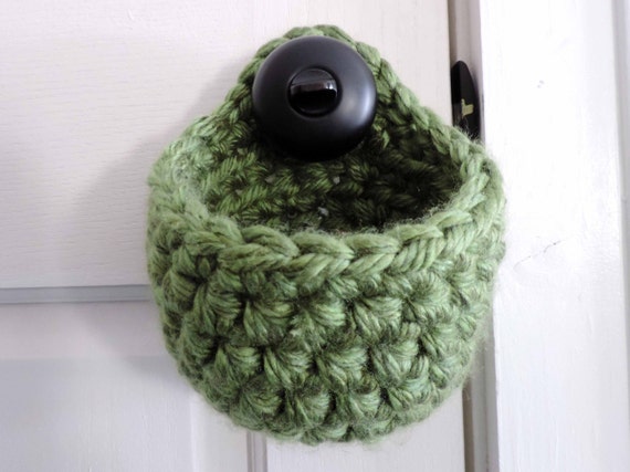 Hanging Basket for Door Knobs, Rustic Home Decor Closet Storage Pouch, Small Crochet Basket, Thick, Handwoven | Jungle | Yarn Basket