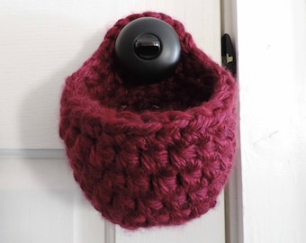 Hanging Basket for Door Knobs, Rustic Home Decor Closet Storage Pouch, Small Crochet Basket, Thick, Handwoven | Maroon | Yarn Basket