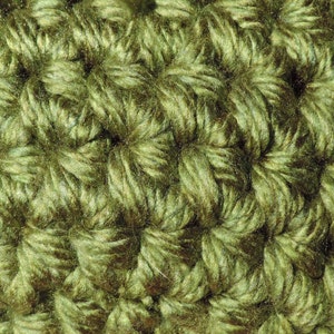 May include: Close-up of a green crocheted fabric with a textured, woven pattern.