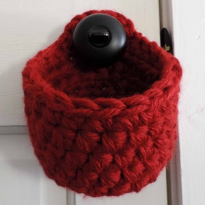 Hanging Basket for Door Knobs, Rustic Home Decor Closet Storage Pouch, Small Crochet Basket, Thick, Handwoven | Red | Yarn Basket