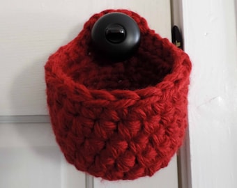 Hanging Basket for Door Knobs, Rustic Home Decor Closet Storage Pouch, Small Crochet Basket, Thick, Handwoven | Red | Yarn Basket