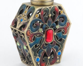 Large Vintage Multicolor Enamel w/ Rhinestones Perfume Bottle - 4 1/2"