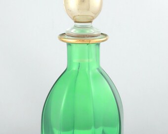 Italy - SC LINE - Vintage Green & Gold Art Glass Robbed Perfume Bottle - 6 1/4"