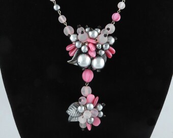 1940-50s - GERMANY - Vintage Pink Beads & Silver Pearls Floral Necklace