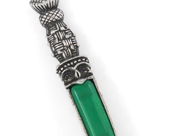 1970s - Vintage Green Jade Glass Scottish Thustle Silver Tone Pin / Brooch