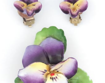 ENGLAND - Staffordshire Cara Bone China Porcelain Iris Brooch & Earrings Set