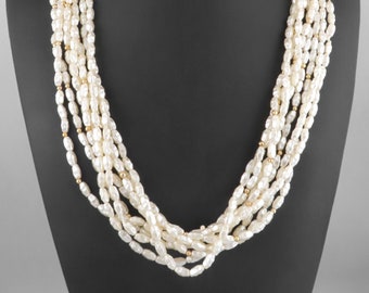 Vintage Multi Strands Freshwater Faux Pearls & Gold Tone Beads Necklace - 26"