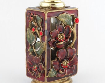 Large Vintage Enamel Red Flowers w/ Rhinestones Perfume Bottle