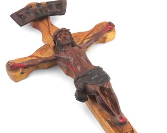 1919 - Antique Primitive Folk Art Hand Carved Wooden Wall Crucifix - 12 1/2"