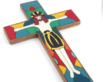 Venezuela- Large Vintage Hand Painted Wood Wall Crucifix - 11 3/4" (30 cm)