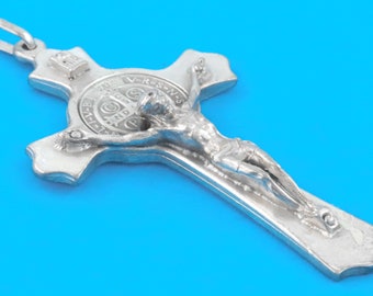 ITALY - Vintage Saint Benedict Silver Tone Pectoral Crucifix Pendant