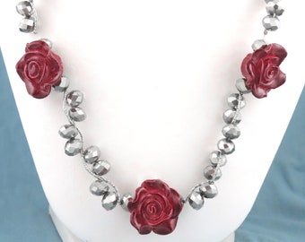 Long Vintage Red Roses Flowers & Silver Tone Beads Necklace - 33"