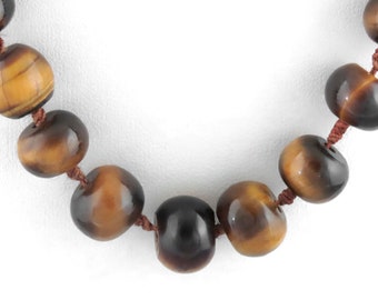 Long Vintage Hand Knotted Tiger's Eye Beads Necklace w/ Gold Filled Clasp - 27"