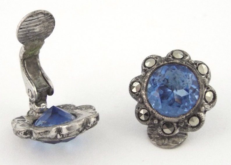1930s Art Deco Blue Glass and Marcasites Sterling Silver Necklace /& Earrings Set