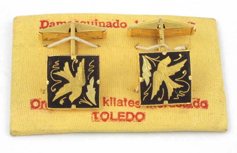 SPAIN Vintage Damascene 24K Gold Inlaid Flying Birds Studs Cufflinks